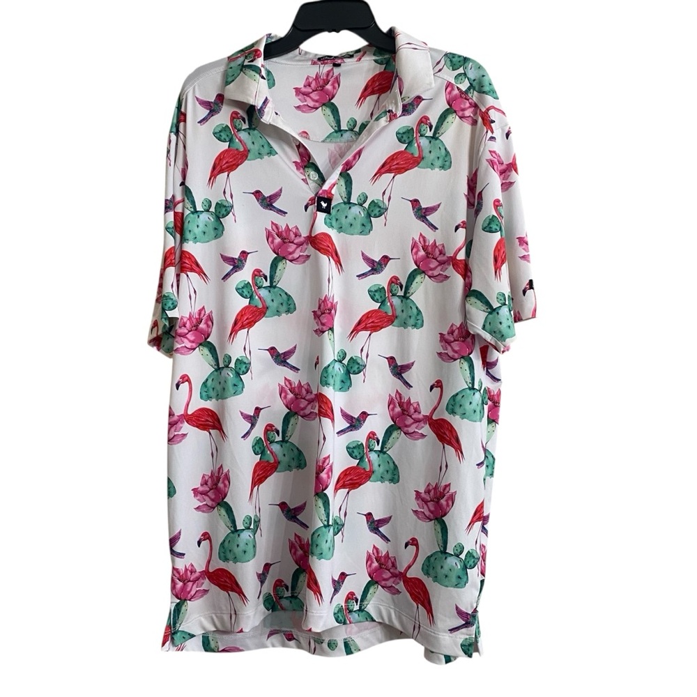 FLOCK WITH ME Bad Birdie GOLF Polo Shirt XL  Hard to Find Print 1/4 button